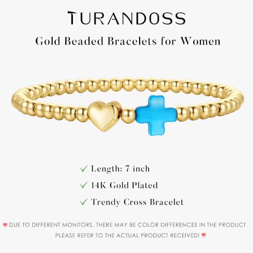 Turandoss Gold Cross Bracelet for Women Heart Beaded Bracelet Faith Jewelry - color: Turquoise Cross Bracelet