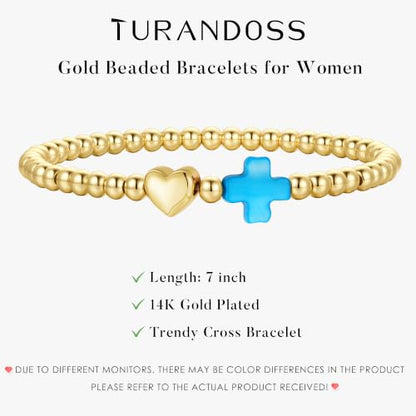 Turandoss Gold Cross Bracelet for Women Heart Beaded Bracelet Faith Jewelry - color: Turquoise Cross Bracelet