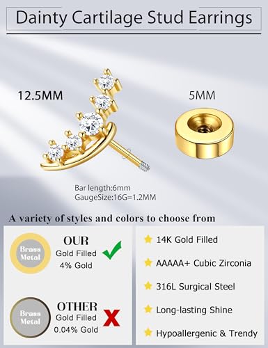 JeryWe Cartilage Earrings for Women Hypoallergenic Helix Piercing Jewelry - color: N:cz-14k gold filled