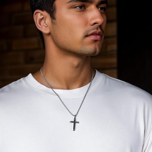 Stainless Steel Cross Necklace for Men with Adjustable Box Chain Christian Cross neckalce Gift - color: Black-Silver