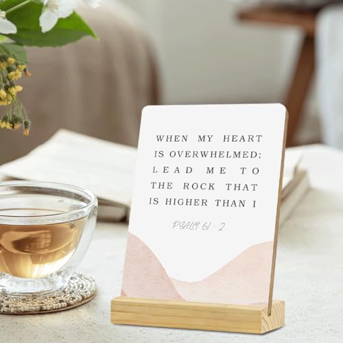 When My Heart Bible Verse Desk Decor Rustic Plaque with Wood Stand, Psalm 61:2 ScripturesDecor, Watercolour Christian Wood Sign for Home Shelf Decor - color: Multicolor489