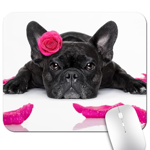 Cute Black French Bulldog with Pink Rose Mouse Pad, Funny Scene Desk Mat - color: Cute Colorful Art Rec3