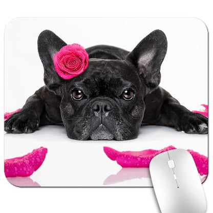 Cute Black French Bulldog with Pink Rose Mouse Pad, Funny Scene Desk Mat - color: Cute Colorful Art Rec3