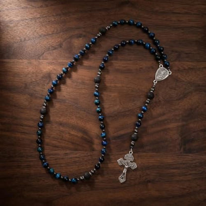 Nazareth Store Blue Tiger Eye Rosary Beads, Handmade Catholic Rosary Necklace with Lava Stone Beads and Our Father Crucifix, Five Decade Prayer Rosary, Religious Gift - style: Our Father