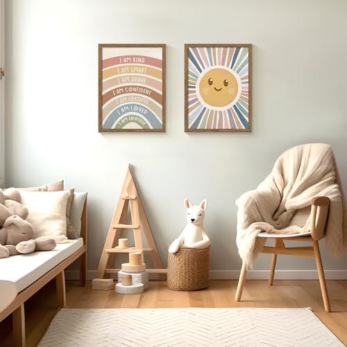 2 Piece Framed Boho Rainbow Kids Room Wall Art 16x24 Inch - color: sunshine, size: 24"L x 16"W