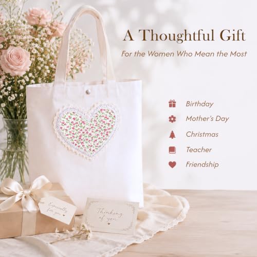 Christian Tote Bag Gift for Women, Canvas Bible Bag Handmade Floral Cross - color: White-mini Roses Love
