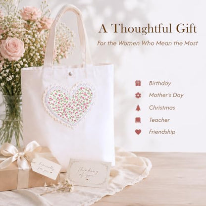 Christian Tote Bag Gift for Women, Canvas Bible Bag Handmade Floral Cross - color: White-mini Roses Love