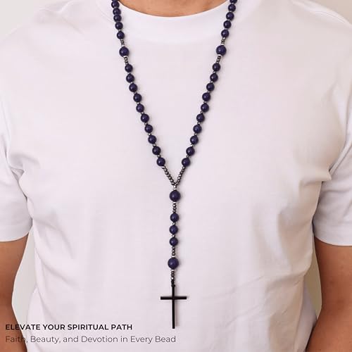 Nazareth Store Jasper Rosary Necklace – Catholic Handmade Rosary with Stone Beads, Hematite Spacers, and Black Alloy Cross – Durable Prayer Beads for Men and Women - color: Lapis Lazuli