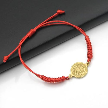 925 Sterling Silver San Benito Bracelet For Women And Men, Catholic Multicolor Bracelet St. Benedict Medal Hand Knitted Knot Coin Beaded Adjustable Religious Prayer Faith - color: Red Gold - San Benito Bracelet