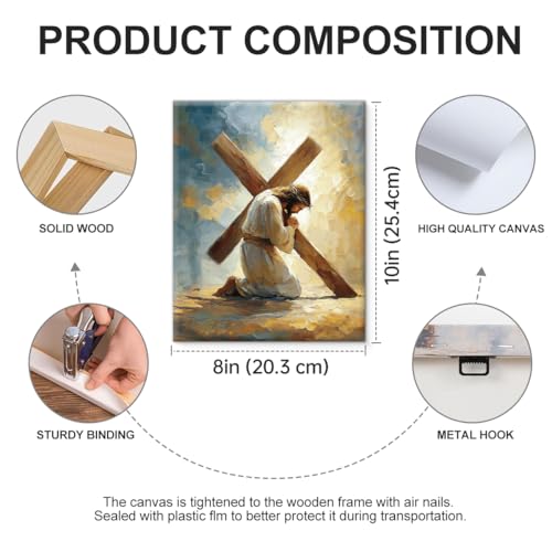Christian Jesus Carrying the Cross Wall Art Print - Jesus Cross Canvas Picture Painting Religious Wall Decor for Home Prayer Room 8x10 Framed - color: color-T