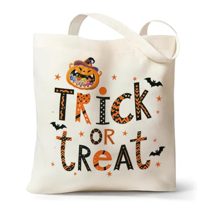 Canvas Tote Bag with Zipper, Halloween Trick or Treat Bags for Kids Bulk - color: [A0] Halloween - Beige