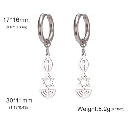 Messianic Seal Dangle Earrings Messianic Seal of Jerusalem Earrings Star of David,Ichthus with Cross,Menorah,Jewish Star Earrings Religious Hanukkah Jewelry Token of Prayer - color: silver2