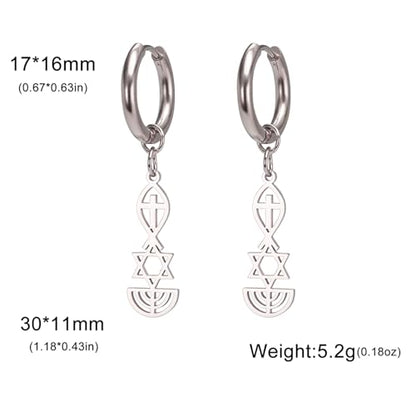 Messianic Seal Dangle Earrings Messianic Seal of Jerusalem Earrings Star of David,Ichthus with Cross,Menorah,Jewish Star Earrings Religious Hanukkah Jewelry Token of Prayer - color: silver2