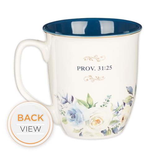 Christian Art Gifts Large Ceramic Inspirational Scripture Coffee & Tea Mug for Women: Strength & Dignity Encouraging Golden Bible Verse, Non-toxic Lead/Cadmium-free Cup, White & Blue Floral, 14 oz. - color: Blue/Strength & Dignity