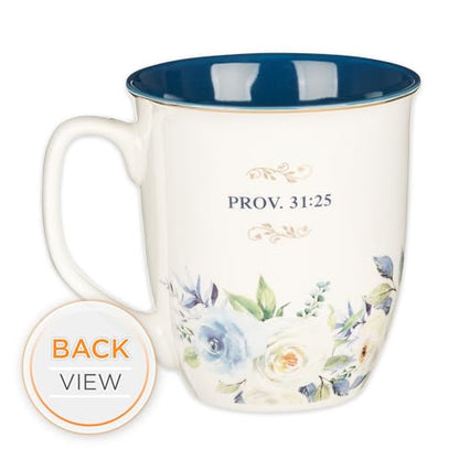 Christian Art Gifts Large Ceramic Inspirational Scripture Coffee & Tea Mug for Women: Strength & Dignity Encouraging Golden Bible Verse, Non-toxic Lead/Cadmium-free Cup, White & Blue Floral, 14 oz. - color: Blue/Strength & Dignity