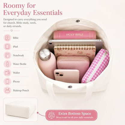Christian Tote Bag Gift for Women, Canvas Bible Bag Handmade Floral Cross - color: White-pink Mini Roses