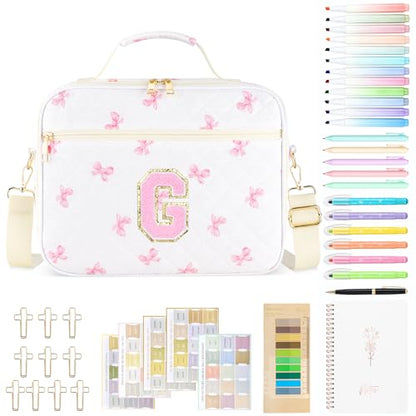 Personalized Initial Bible Cover Case for Women Bible Bag w/Study Supplies - color: Pink Bow, size: G