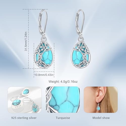 Vito Moonstone Turquoise Drop Earrings for Women, 925 Sterling Silver Hooks - style: Tree of Life-Turquoise