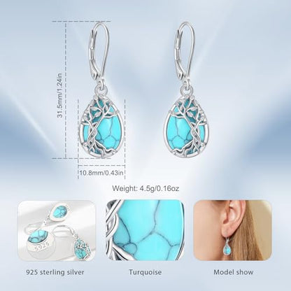 Vito Moonstone Turquoise Drop Earrings for Women, 925 Sterling Silver Hooks - style: Tree of Life-Turquoise