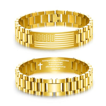 P. BLAKE American Flag Bible Verse Bracelet for Men, Stainless Steel Engraved Scripture Bracelet Christian Religious Christmas Birthday Jewelry Gifts - color: Gold, size: Joshua 1:9