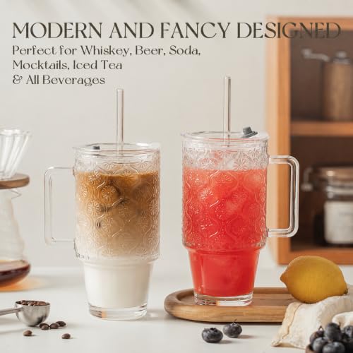 KEMORELA 24 Oz Ribbed Glass Tumblers with Lids and Straws, Tumbler Cup with Handle, Iced Coffee Glassware, Clear Reusable Drinkware for Smoothies and Beverages(1) - color: 24oz-Begonia