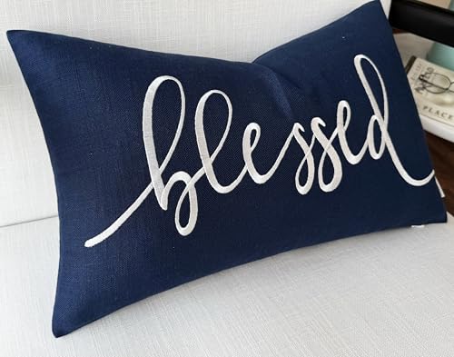 EURASIA DECOR Blessed Embroidered Lumbar Pillow Cover 12x20, Navy Blue - color: Navy Blue
