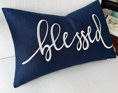 EURASIA DECOR Blessed Embroidered Lumbar Pillow Cover 12x20, Navy Blue - color: Navy Blue