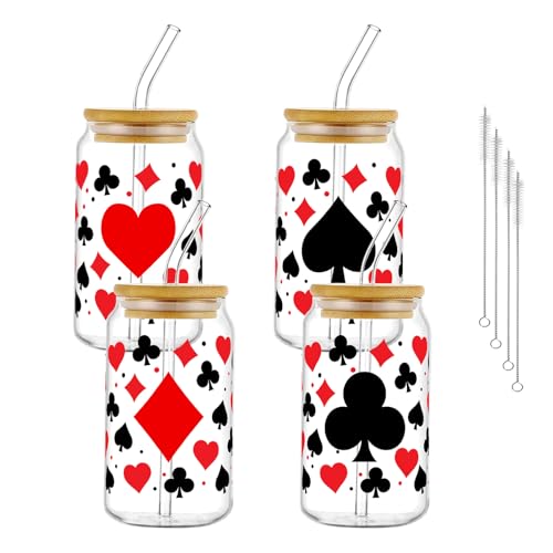 Glass Cups with Lids and Straws, 4Pack, 16oz, Poker Casino - color: Playing Cards Suits