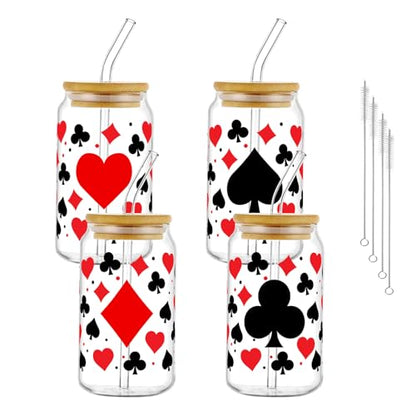 Glass Cups with Lids and Straws, 4Pack, 16oz, Poker Casino - color: Playing Cards Suits