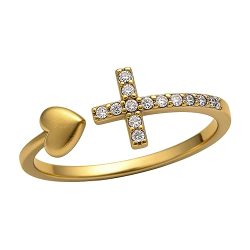 Cross Rings for Teen Girls Silver/Gold Heart Ring Cubic Zirconia Adjustable Ring Inspirational Pray Cross Heart Religious Christian Faith Jewelry Gifts for Her(Gold)9# - color: gold 9#