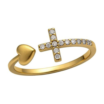 Cross Rings for Teen Girls Silver/Gold Heart Ring Cubic Zirconia Adjustable Ring Inspirational Pray Cross Heart Religious Christian Faith Jewelry Gifts for Her(Gold)6# - color: gold 6#