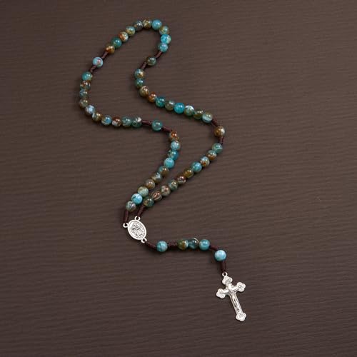 10mm Brown Beads Catholic Rosary Handmade Braided Rosaries with Curcifix Cross and Holy Mary Medal Amulet Rosary Beads Necklace for Women Men - color: Blue