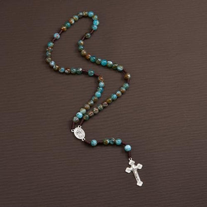 10mm Brown Beads Catholic Rosary Handmade Braided Rosaries with Curcifix Cross and Holy Mary Medal Amulet Rosary Beads Necklace for Women Men - color: Blue