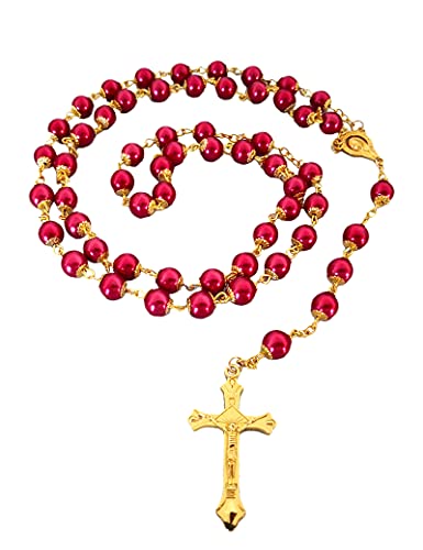 Rosary Beads Catholic for Women Girls, First Holy Communion Rosary Gifts for Girls Catholic, Gold White Rosary Necklace for Women Imitation Pearl Beads Necklace Rosarios Catolicos - color: Red