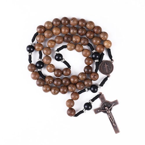 Nazareth Store Classic 10mm Solid Wood Rosary Beads Necklace for Men Olive & Dark Red Wooden Strong Rugged Corded Catholic Rosary with St.Benedict Medal & Cross Crucifix - color: Olive & Black Wood, style: St. Benedict