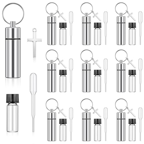 Tandefio 10 Sets Anointing Oil Bottle Keychain Vial for Baptism, Silver - color: Silver