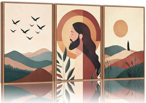 KaiWithYuan Large Jesus Portrait Framed Canvas Wall Art Set of 3, Boho Christian Bible Posters Wall Decor, Catholic Religious Calming Faith Art Paintings for Bedroom Living Room Church Office 16"x24" - color: Christian Jesus Portrait