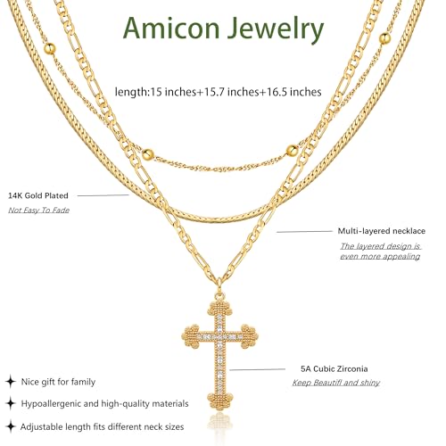 Amicon Cross Necklace for Women 14K Gold Plated Dainty Heart Cross Pendant Choker Simple Trendy Cute Cross Charm Diamond Necklace Faith Jewelry Religious Minimalist Gift - style: Layered Figaro Cross-GD