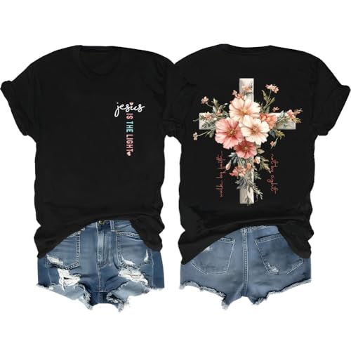 Faith Cross Christian T-Shirt with Boho Floral Cross Print Short Sleeve Casual Graphic Tee for Women - color: Black, size: Medium