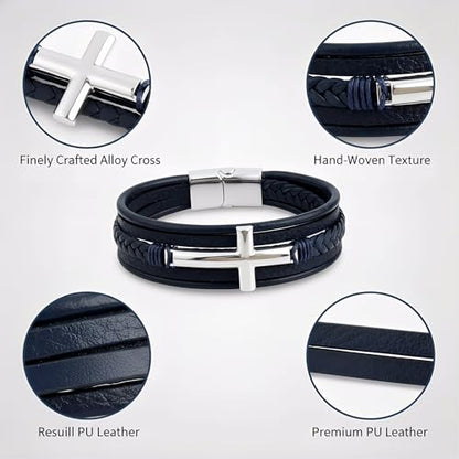 Stainless Steel Braided Leather Bracelet for Men Cuff Bangle Cross - color: Blue&Silver