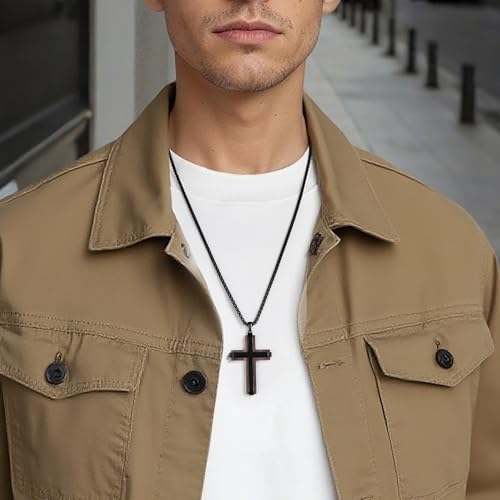 Wooden Cross Necklace for Men With Stainless steel And Black Ebony Adjustable Box Chain 24–26 inches Suitable for Everyday Wear And Christian Gifts for Men - color: Black-M