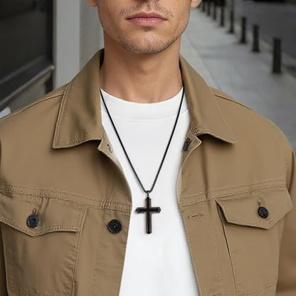 Wooden Cross Necklace for Men With Stainless steel And Black Ebony Adjustable Box Chain 24–26 inches Suitable for Everyday Wear And Christian Gifts for Men - color: Black-M