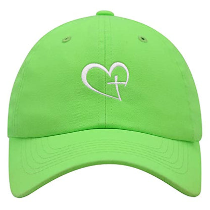 JPAK Heart and Cross Premium Dad Hat Embroidered Cotton Baseball Cap Christian Faith - color: Neon Green