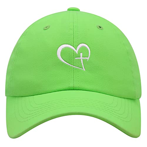 JPAK Heart and Cross Premium Dad Hat Embroidered Cotton Baseball Cap Christian Faith - color: Neon Green