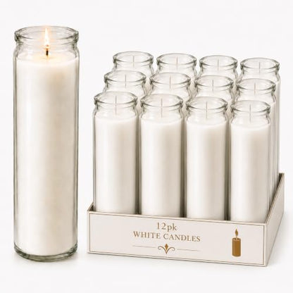 White Prayer Glass Candles Unscented, Bundle 12 Pack