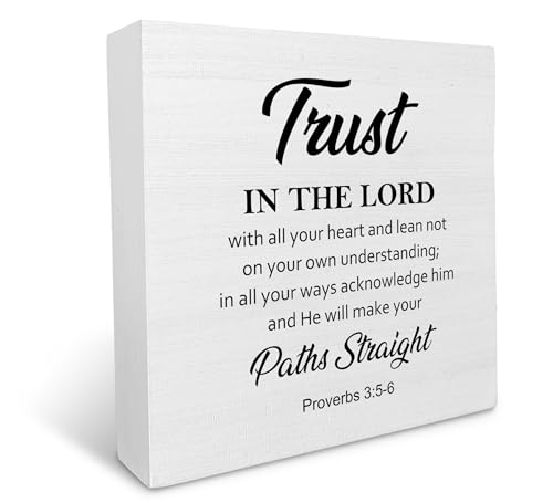 KU-DaYi Christian Scripture Wooden Box Sign, Trust in The Lord with All Your Heart Proverbs 3:5-6 Wood Box Decorations for Home Office, Bible Verse Wooden Block Plaque Desk Shelf Decor 5x5 Inch - color: Proverbs 3:5-6