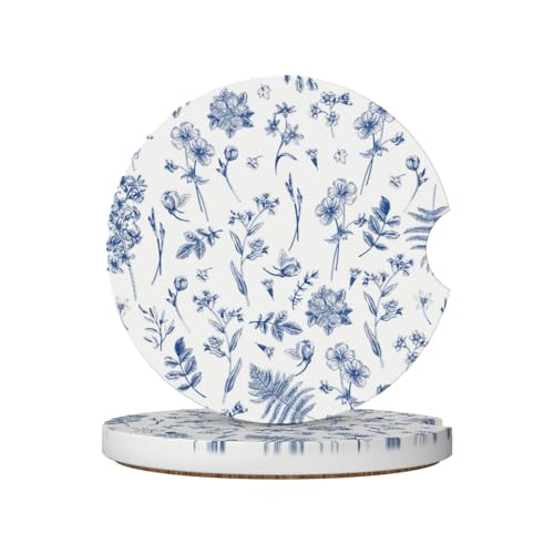 Vintage Blue Flower Car Coasters for Cup Holder Absorbent Ceramic Cup Coaster 2 Pack Anti Slip Car Interior Accessories with Finger Notch Cork Base for Women Men 2.56" - color: Vintage Blue Flower
