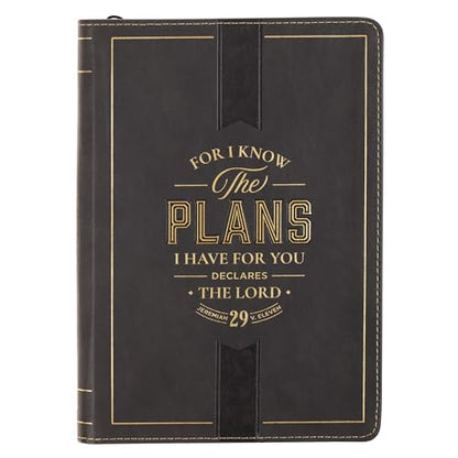 Christian Art Gifts Inspirational Zippered Journal, I Know the Plans Wide Ruled Notebook, Jer. 29:11 Bible Verse, Black Vegan Leather, 336 Lined Pages w/scripture, (9” x 6.4” x .9”)