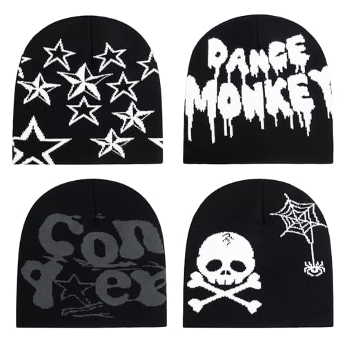 4Pcs Y2k Beanie Winter Knitted Hat Warm Graphic Cap for Women Men - color: Pentagram+skull+conqep+dance（black）