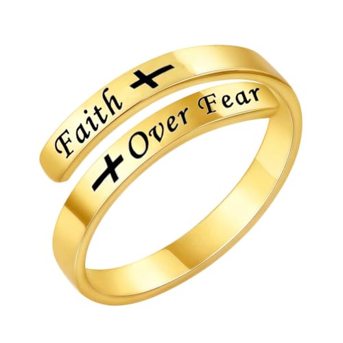 Faith Over Fear Cross Inspirational Rings for Women Daughter, Christian Blessed Hope Love Encouragement Rings Adjustable Open Tiny Purity Wrap Thumb Cross Ring Jewelry Graduation Cocktail Party - color: Gold